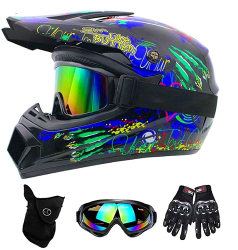 DriveNova Motocross Fullface MTB Helm, Downhill Motorradhelm Kinder, Helm Set Herren ATV Motorradhelm mit Handschuhe Maske Brille, Jugend Motorradhelme Inklusive S-M Größen Helmfutter