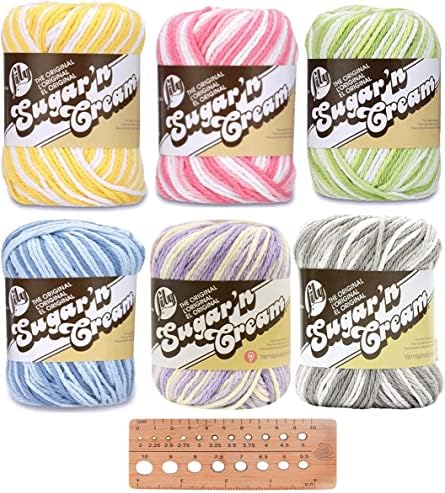 Lily Sugar 'n Cream Yarn Bundle 100% Cotton Worsted #4 Weight Includes Bamboo Knitting Gauge (Lily Mix 126)