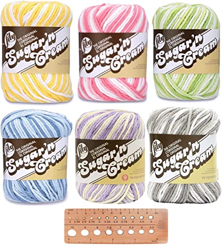 Lily Sugar 'N Cream Yarn Bundle 100% Cotton Worsted #4 Weight Includes Bamboo Knitting Gauge (Lily Mix 126) #TOP3