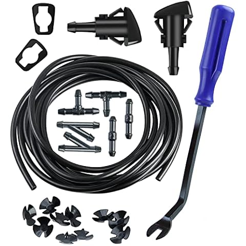 Windshield Washer Nozzles Kit Replacement for Chrysler Dodge Ram, Windshield Washer Nozzle Hose Kit with 157-Inch Windshield Fluid Hose, 2 Sprayer Nozzels with Gaskets, 6 Hose Connector BLue Cover