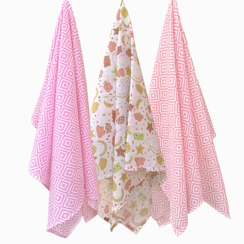 Image of Trance Home Linen Super Soft 100% Cotton Large Malmal Swaddle Cloth | New Born Baby Blanket | Baby Swaddle Wrap (Large, 145 x 145 cm, Stars & Clouds) - Pack of 3 pcs