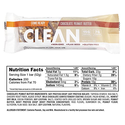Ready CLEAN Bar, 15g of Protein, 7g Fiber, 6.5g of Whole Grains, NONGMO, Chocolate Peanut