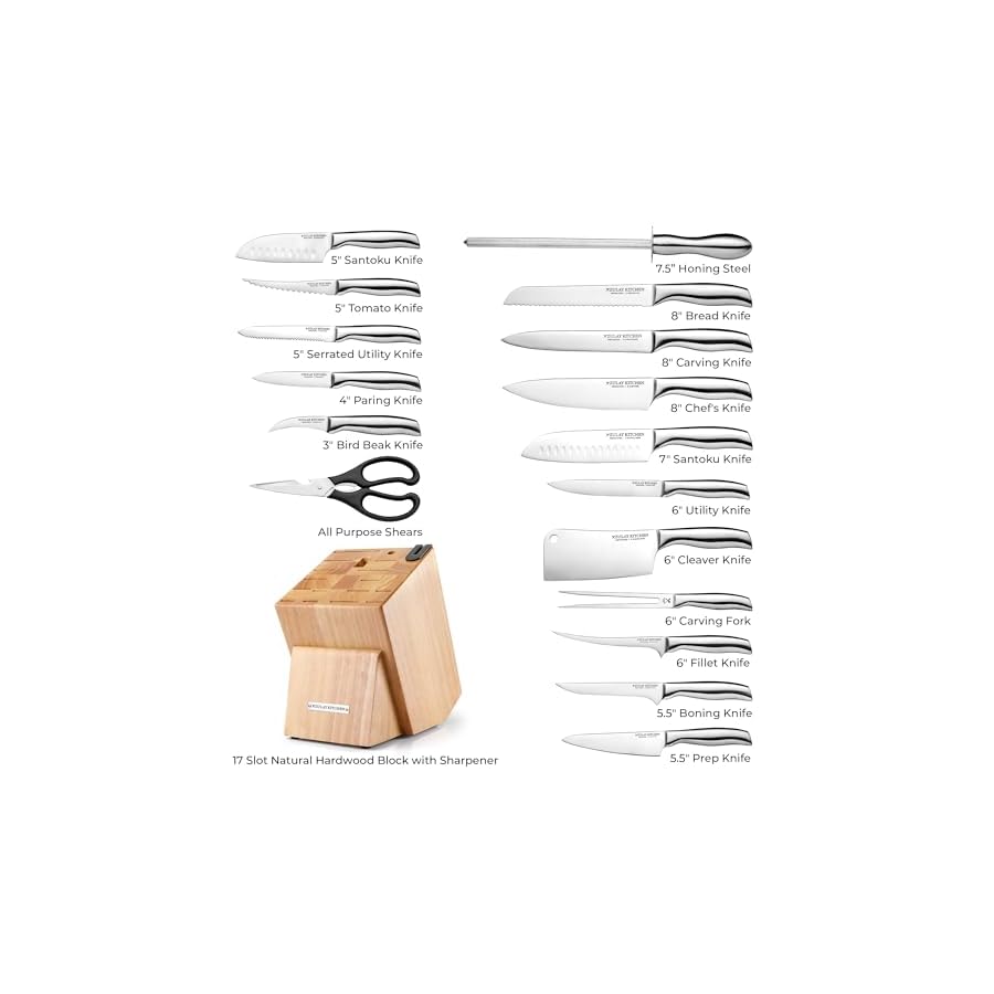 Zulay 18 Piece Stainless Steel Knife Set with Block and Sharpener - Sharp Knife Block Set with Built In Sharpener - Kitchen Knife Set With Block - Rust Proof Knife Set Stainless Steel