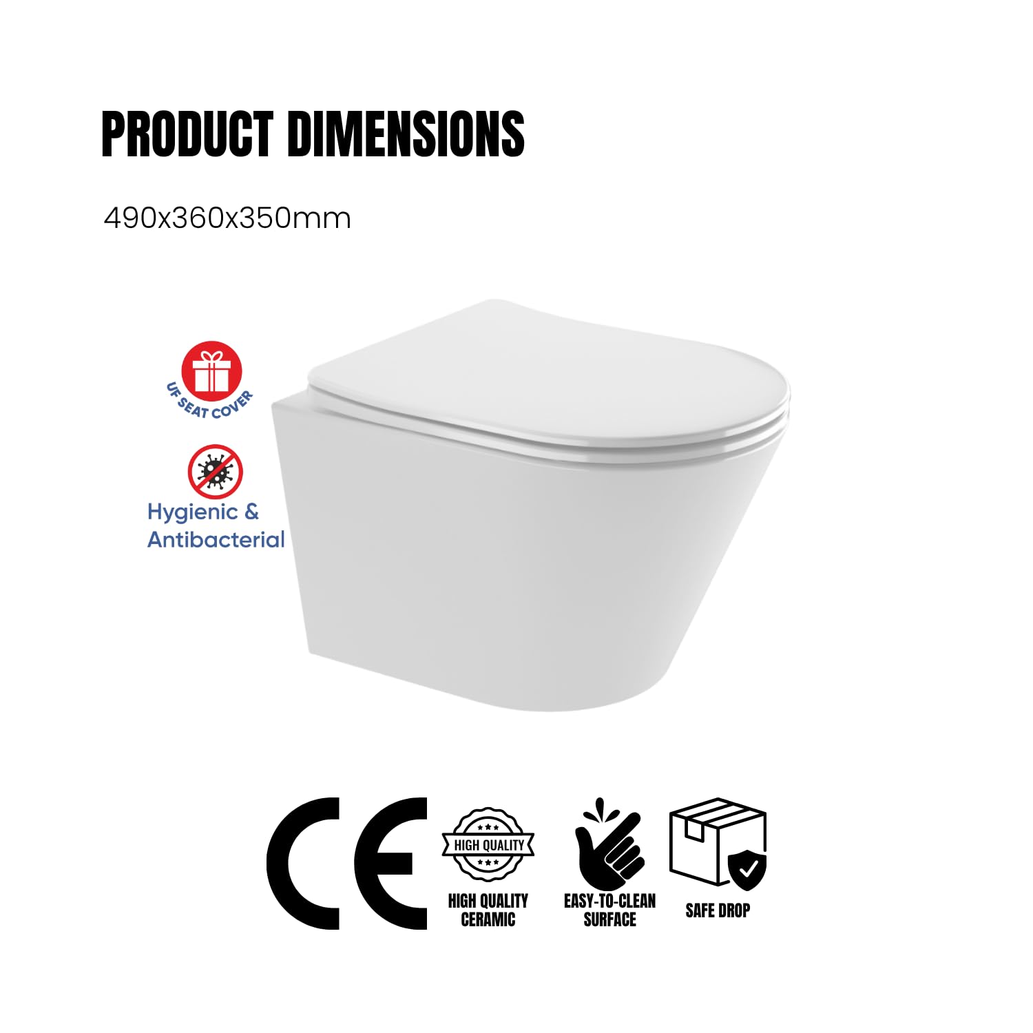 WC Suspendu Mural avec Fixations Invisibles, Sans Bride (Rimless), Abattant Soft-Close Ultra-Fin, Cuvette en Céramique Facile à Nettoyer, Design Moderne Rond Blanc Brillant Gain de Place