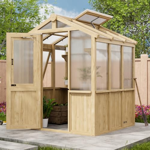 Image of EAGLE PEAK 6.7x6x7.7 ft Wood and Polycarbonate Walk-in Greenhouse, Cedar Hobby Green House with Roof Vent, Mesh Cover Included, Natural