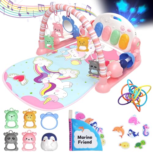 Image of ESOLOM Baby Play Mat, Tummy Time Activity Mat Toys, Lovely Piano Baby Play Gym with 7 Infant Sensory Baby Toys, Baby Floor Play Mat for Newborn Baby 0-6-12 Months Girls(Unicorn)
