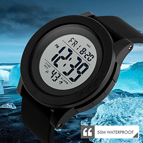 CakCity Mens Digital Sports Watch with Large Face and Large Number, Alarm, Waterproof Stopwatch, Black