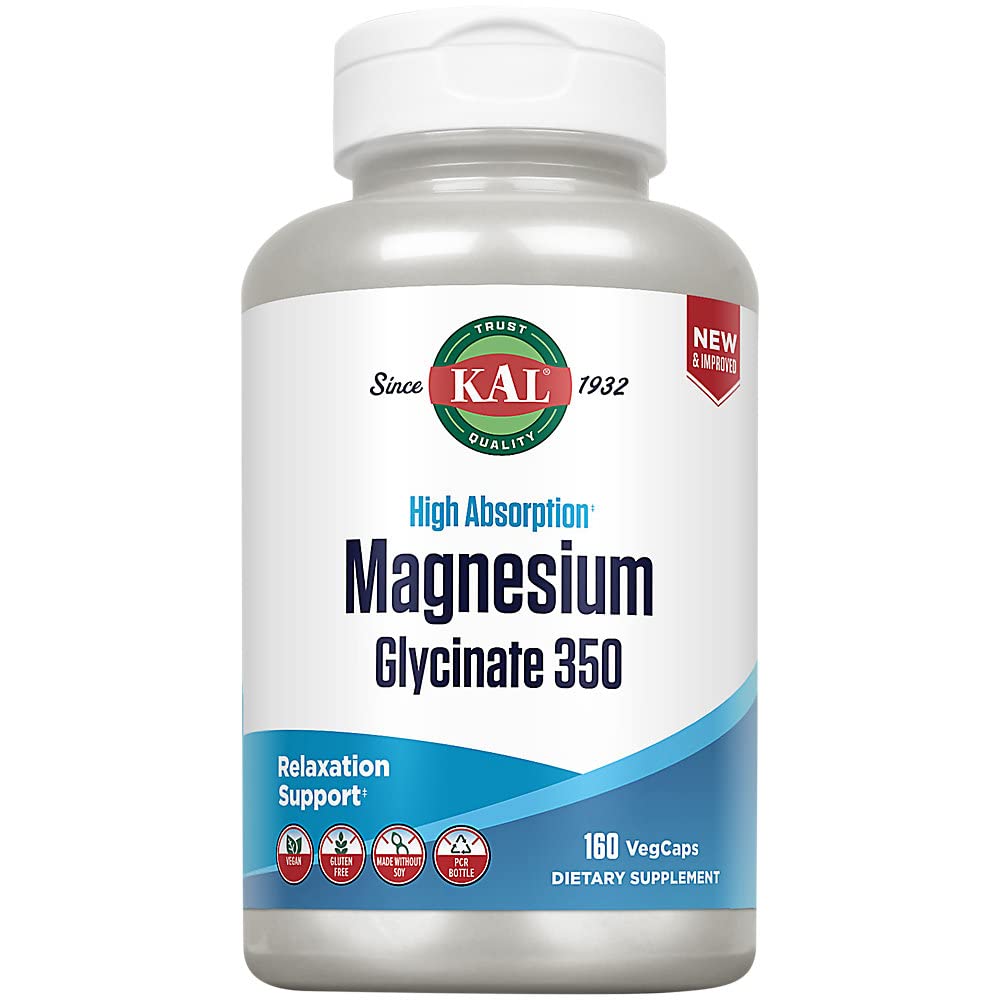 KAL Magnesium Glycinate Capsules, Fully Chelated Magnesium Bisglycinate, High Absorption Magnesium Supplement, Healthy Bones, Muscle, Relaxation and Stress Support, Non-GMO 160 count 160 Count (Pack of 1)