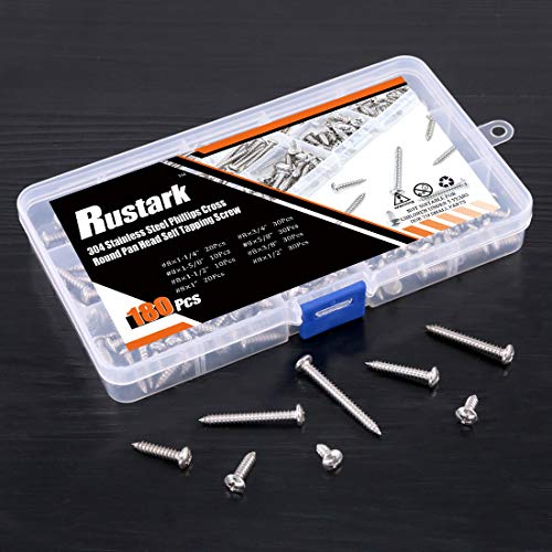Rustark R-R-180 180-Pcs [#8 3/8 Inch To 1-1/2"] 304 Stainless Steel Round Pan Head Phillips Cross Wood Screws Self Tapping Drilling Screws Assortment Kit thumb #6