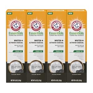 ARM & HAMMER Essentials Fluoride-Free Toothpaste Whiten + Activated Charcoal-4 Pack of 4.3oz Tubes, Clean Mint- 100% Natural Baking Soda