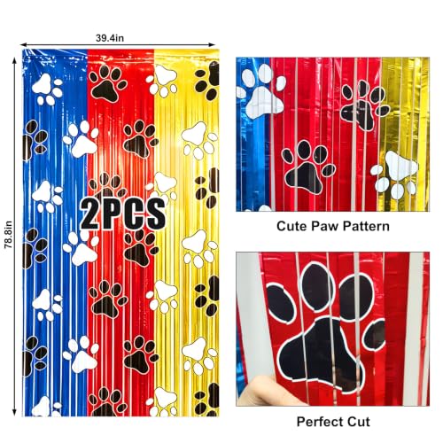 Image of 2 Pack Paw Foil Fringe Curtain, Blue Red Yellow Metallic Tinsel Backdrop for Kids Birthday Baby Shower Cartoon Dog Theme Party Decorations Supplies