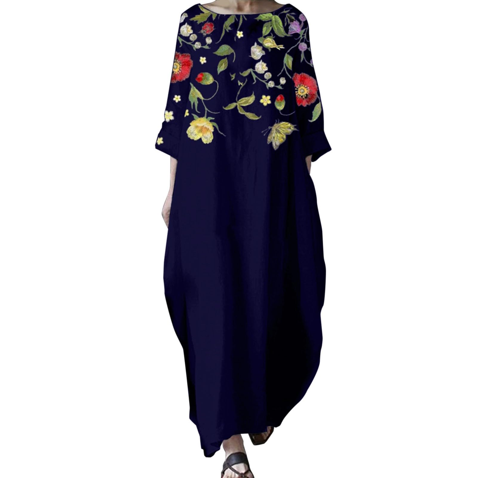 Casual Short Dress Women's Summer Style Round Neck Vintage Flower Print Art Sweet 3/4 Sleeve Dress Women Fitted Dresses