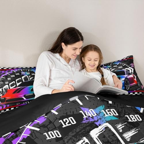 Image of Feelyou Purple Race Car Bedding Set - Queen Size Comforter Set with 2 Pillowcases, Geometric Checkered Pattern, Inner Fill Duvet Set