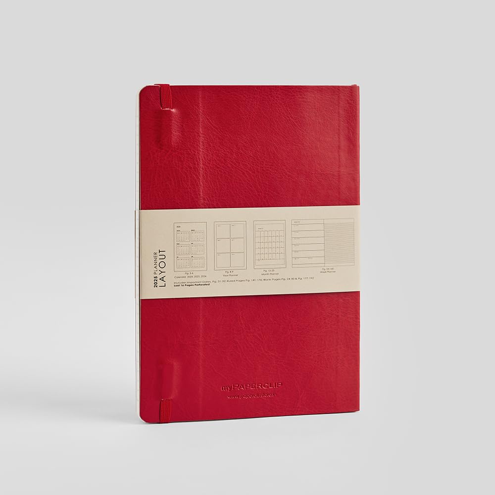 myPAPERCLIP Agenda settimanale 2025, rilegatura a filo, retro in pelle vegana disegnata a mano, formato A5 (148 x 210 mm, 14,8 x 21 cm), rosso