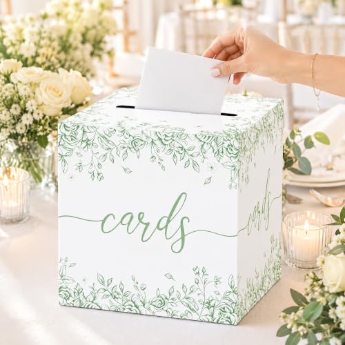 Image of Sage Green Floral Wedding Card Box with Slot for Baby Shower and Birthday | Roomy 8.7 Inch Cube Holds Cards and Envelopes While Keeping Gift Tables Neat at Weddings, Bridal Showers and Garden Parties
