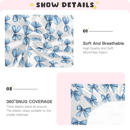 Image of Fitted Crib Sheets Pretty Blue Bow Stretchy Portable Playard Sheets for Baby Toddler, Breathable Soft Mini Crib Mattress 39 x 27 in for Boys and Girls