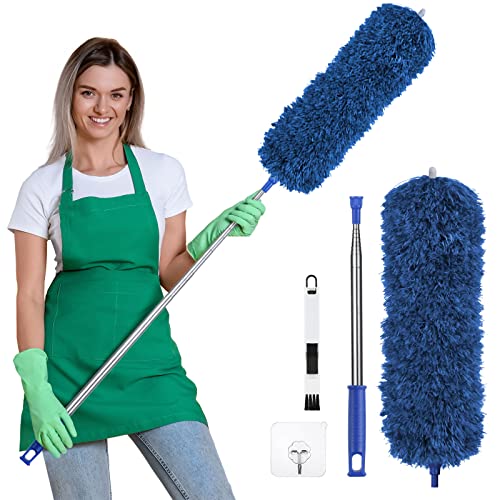 Vicloon Plumero Atrapapolvo Microfibra con 2 en 1 Ranuras Cepillo Limpieza de Polvo Plumero Extensible Ajustable Lavable con 245cm Barra Telescópica para Persianas Muebles Coches