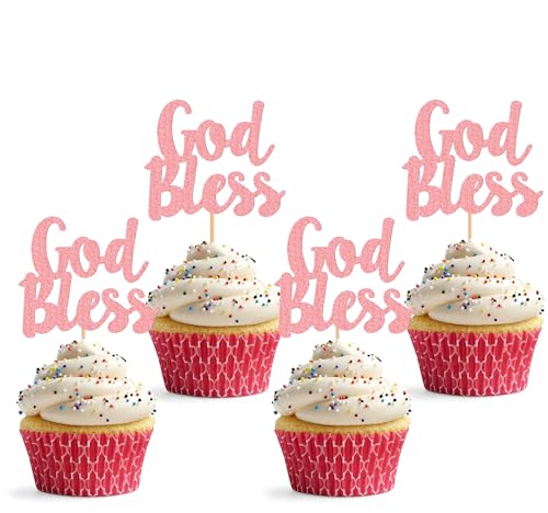 God Bless Cupcake Topper - 24pcs Glitter Pink Baptism Party Cupcake Picks, Baby Shower Christian First Communion Cupcake Decor (Pink) by MYAMPED - Used condition - US$7.19