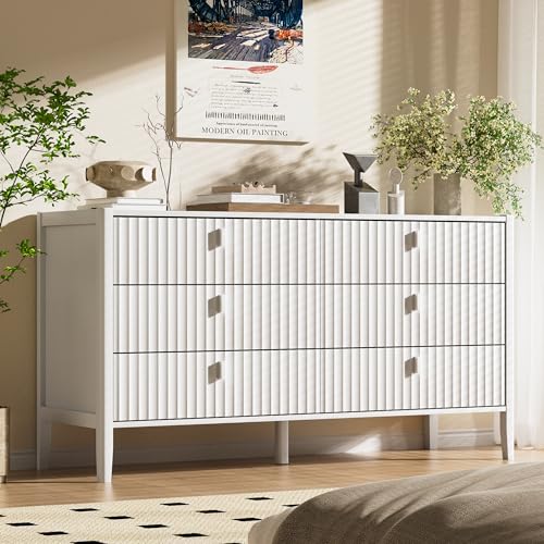 Image of Furniway White 6 Drawer Dresser, Modern Wide Dresser for Bedroom, Fluted Wood Chest of Drawers with Metal Handles for Clothes, Storage Cabinet for Living Room, Entryway, Office