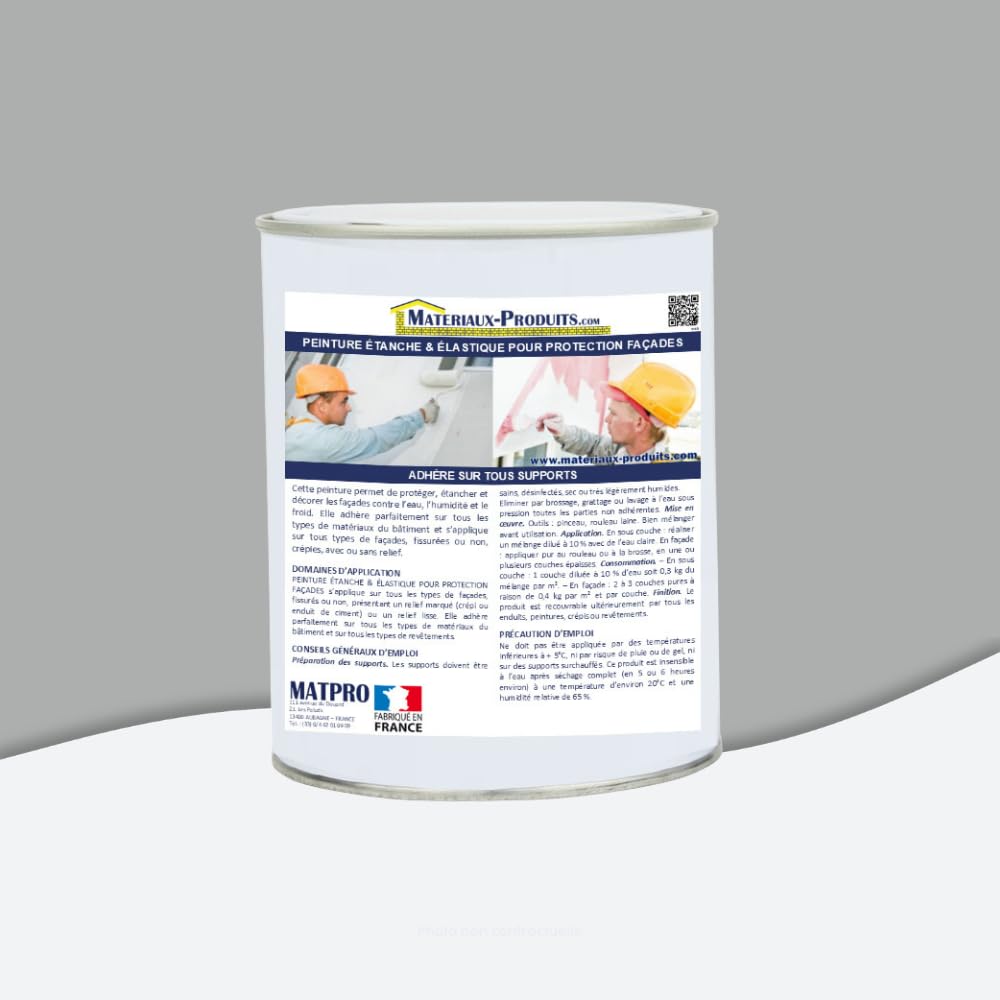 MATPRO - Peinture Étanche & Élastique pour Protection de Façade - pour Mortiers, Briques, Crépis, Fissurés ou Non, Avec ou Sans Relief - Gris Ciment - 20Kg