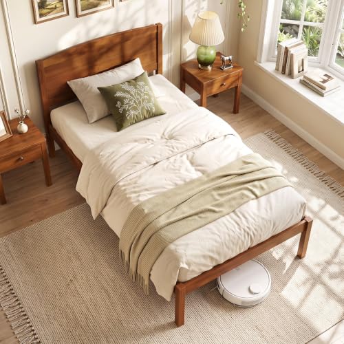 Image of GIANTEX Twin Size Wooden Bed Frame with Curved Headboard, Wood Slat Support