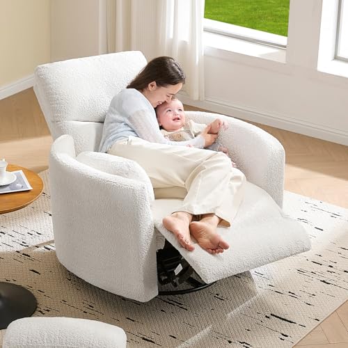 Image of Jocisland Power Recliner Nursery Chair for Adults, Electric Swivel Rocking Glider with USB & Type-C Charge, Teddy Sherpa Armchair with 2 Pillows, Cozy Reclining Sofa for Living Room, Bedroom, White