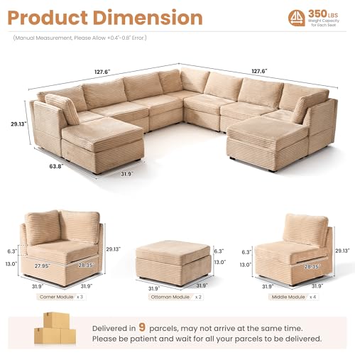Image of ovios Modular Sectional Sofa Couch with U-Shape Chaise Ottomans, Comfy Plush Corduroy Cloud Couches, Modern Luxury Deep Seat Sofas Set for Living Room, 9-Seater, Beige