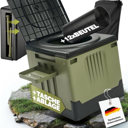 GLAMPmania Campingtoilette faltbar Modell 2026 | Klapptoilette inkl. Ablagefach & 12x Tüten | Mobile Toilette Camping WC | Outdoor Festival Stau Notfall | Größe M grün