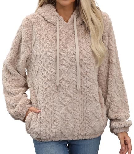 Image of SEAUR Hoodie for Women Winter Pullover Tops Long Sleeves Hood Drawstring Casual Jackets Fleece Jumper with Pocket Lady Winter Coat Apricot L