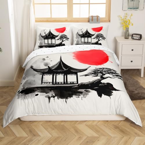 Homemissing Peinture à l'encre de Shanshui Chinoise Parure de Lit kiosque et Motif Solaire Housse de Couette 240x260cm Encre Vintage et Literie Set décoration...