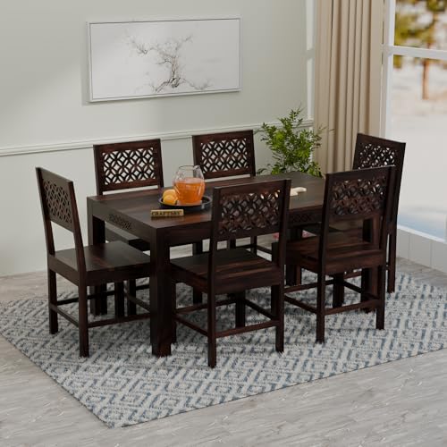 Image of 57 Inch Length Solid Sheesham Wood 6 Seater Dining Table Set | Six Seater Dinner Table with 6 Chairs | Dinning Table Set 6 Seater for Living Room | Wooden Table & Chair Set | Walnut Finish