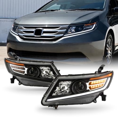 AKKON - Fit 2011-2017 Honda Odyssey 11-17 Halogen Type Projector Headlights w/LED Stripe Sequential Turn Signal Black Housing Driver - Passenger Side