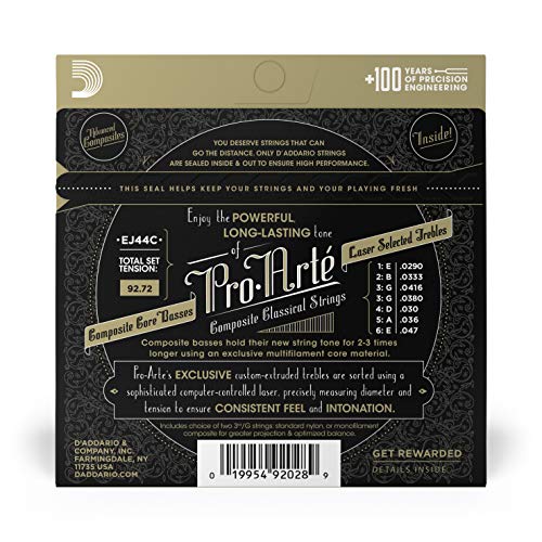 D'addario Guitar Strings - Pro-Arte Classical Guitar Strings - Ej44C - Nylon Guitar Strings - Silver Plated Wrap, Composite Core, Clear Nylon Trebles - Extra-Hard Tension #TOP2