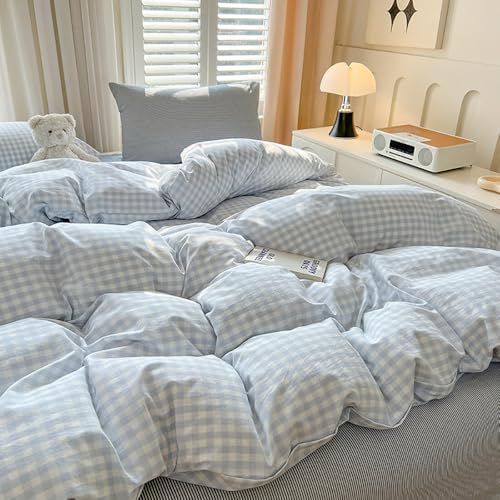 Ropa de cama de 135 x 200 cm, diseño de cuadros azul y blanco, moderno, juego de ropa de cama de estilo rústico, geométrico, de microfibra reforzada lavada, funda nórdica y funda de almohada de 80 x - imagen 5