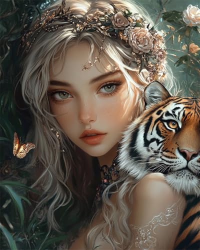 Kit de broderie perles 9CT tigre et femme avec toile canevas pré-imprimée 50x60cm