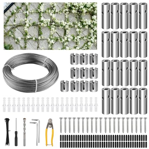185PCS Garden Wire Trellis for Climbing Plants TOROKOM 30M Stainless Steel Heavy Duty Wire Trellis Kit Wall Plant Climbing T316 Steel Wire Rope Cross Clamp Cable Trellis System Kit for Flower Vines