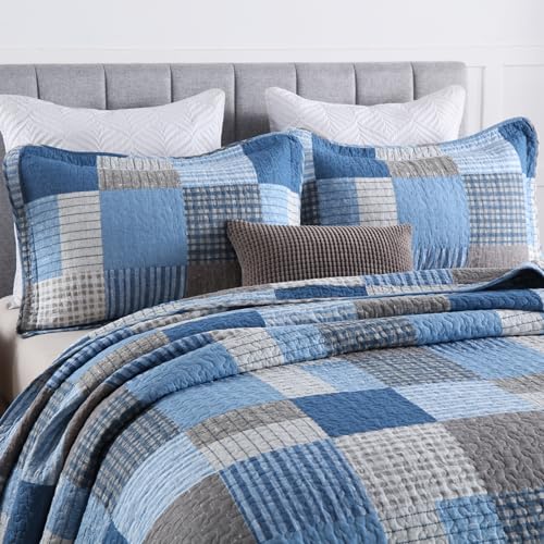 Image of Finlonte Quilt King Size - 100% Cotton King Size Comforter Set Blue Navy Grey Plaid Farmhouse Quilt Bedding Set, Reversible Lightweight Soft Bedspread, Quilted Coverlet All-Season, 3-Piece