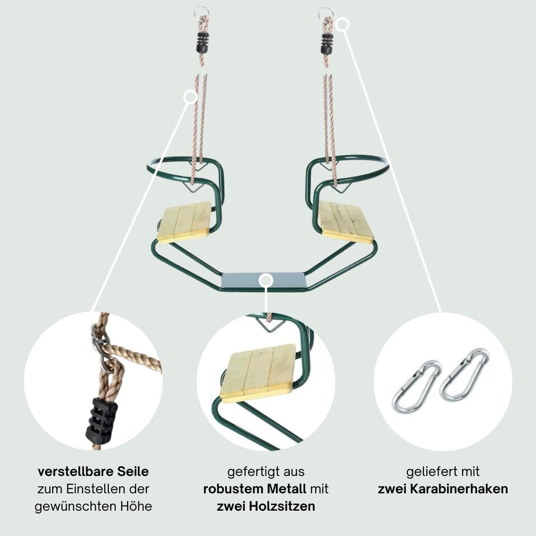 h2i Doppelschaukel Metall – Gondelschaukel - Schiffschaukel mit 2 Holzsitzen & verstellbaren Seilen – inkl. Karabiner – grün