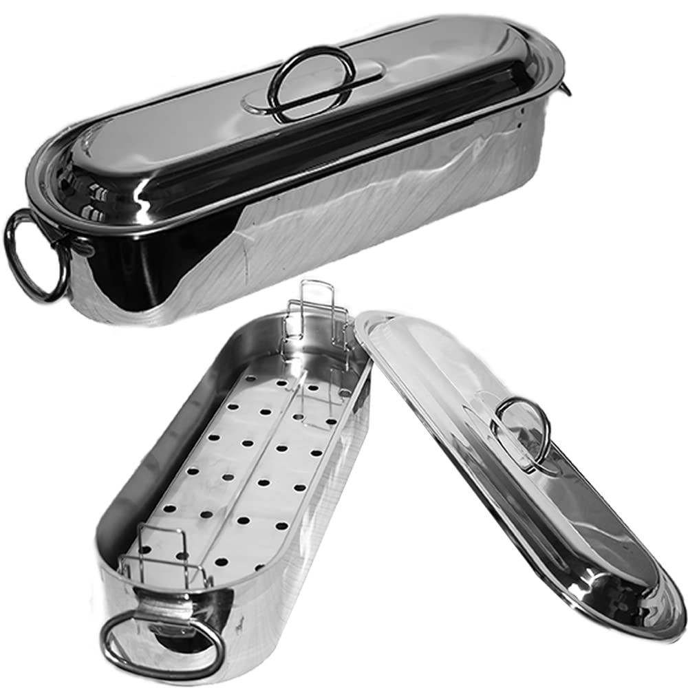 Pesciera con griglia e Coperchio cuoci Pesce becchetti Acciaio Inox 18/10 Manici reclinabili casseruola pentola Ovale per Cucina Ristorante
