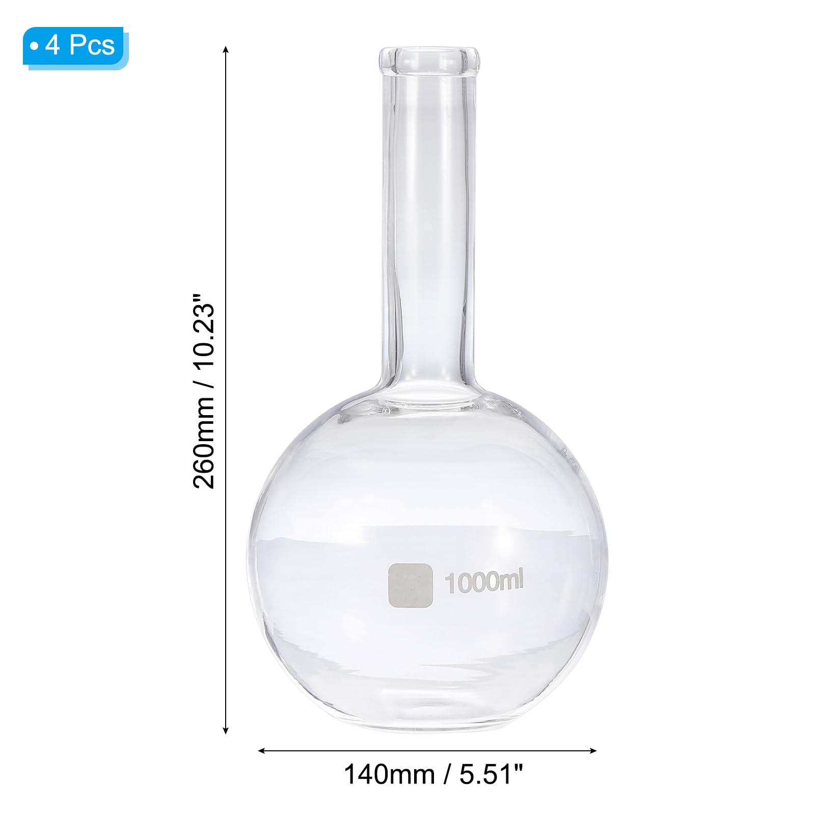 PATIKIL Matraz De Ebullición De 1000ml 4Pcs Matraz De Vidrio Borosilicato 3.3 De Un Solo Cuello Fondo Plano Pared Gruesa Con Junta Cónica Estándar 24/40 Para Laboratorio Transparente