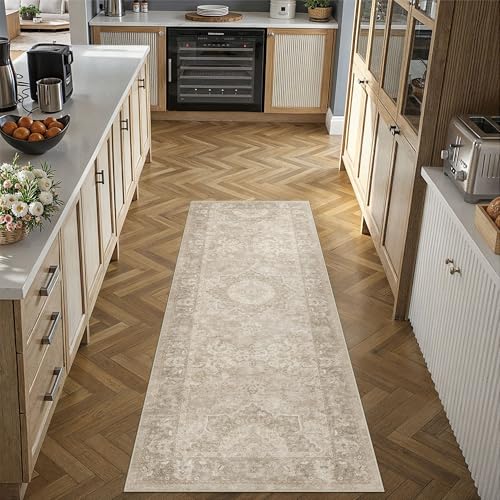 Taupe Runner Rug 2x6 Hallway Washable Vintage Carpet for Kitchen Non Slip Soft Low Pile Indoor Retro Oriental Medallion Accent Throw Long Rug Rug for