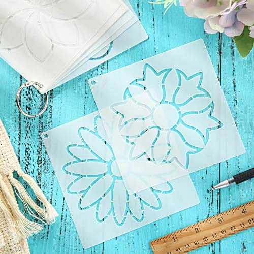 Zonon 9 Pieces Flower Line Quilting Stencil Kit Sewing Stencils Flower Reusable Mylar Template Stencils With Metal Open Ring For Sewing On Fabric Quilt Clothes