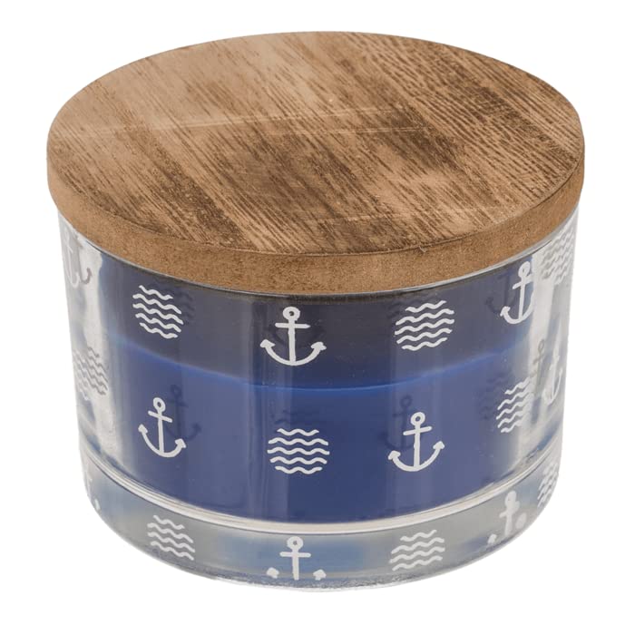 Seaside No.64 - Maritime Kerze im Glas, mit Deckel, in 4 verschiedenen Ausführungen - Anker, Leuchtturm, Wellen, blau, weiß, Streifen - Nordsee, Ostsee, Meer - Urlaubsfeeling (Anker + Wellen, blau)