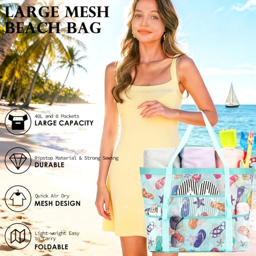 Image of Fammart Mesh Beach Bag for Women, Large Beach Toy Pool Bag with Zipper Pocket, SandProof Cruise Essentials 2026 Family Travel