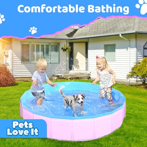 Image of CACSPS 2025 Updated Foldable Dog Pool, 47 inch x 12 inch Kiddie Pool with Hard Plastic, Non-Slip Dog Bath Tub for Outdoor Backyard, Collapsible Dog Swimming Pool for Kids Dogs Pets (Pink)