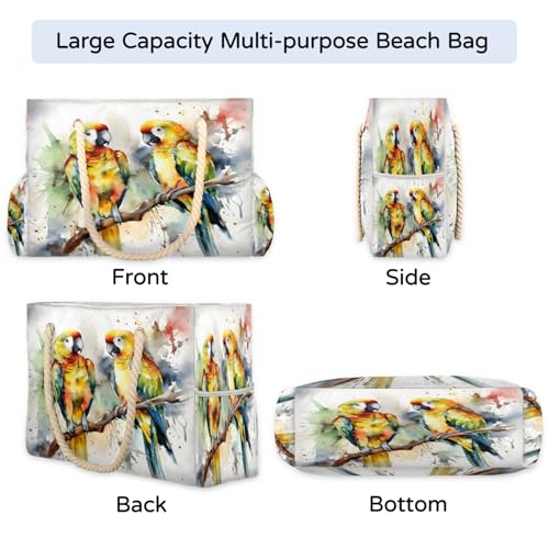 Watercolor Bird Tree Branch Beach Bag for Women Waterproof Sandproof Tote with Zipper Cotton Rope Handles for Travel Pool Gym Shopping4