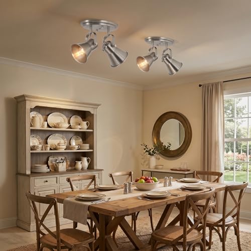 Image of Nickel Kitchen Ceiling Light Fixture, 2-Light Adjustable Track Lighting, Modern Flush Mount Directional Light for Hallway, Bathroom, Dining Room