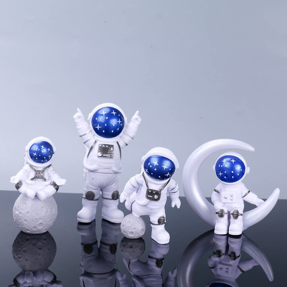 Astronaut Figurines Cake Topper Outer Space Birthday Cake Decoration Spaceman Model Display Miniature Astronaut Toys Set, Planet Rocket Pearl Balls and Star DIY Cake Toppers for Kids Party (4Pcs)