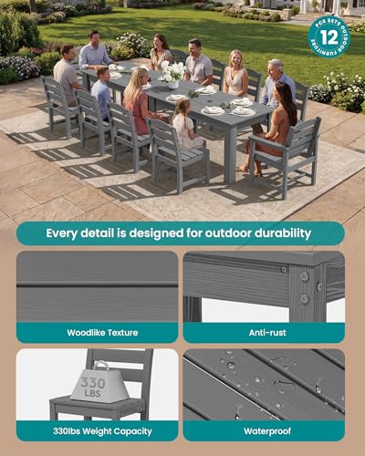 Image of SERWALL Outdoor Dining Set for 10, w / 2 Tables & 10 Chairs, Gray | All Weather Resistant HDPE Dining Sets for Patio, Garden, Backyard