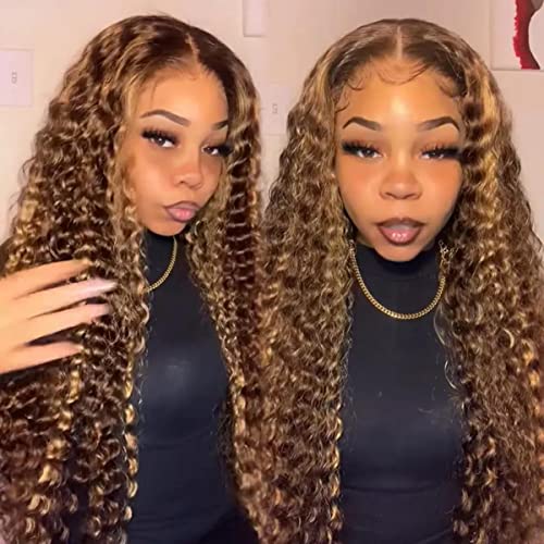Image of ISEE Highlight Ombre Lace Front Human Hair Deep Wave Glueless Wig 20 Inch